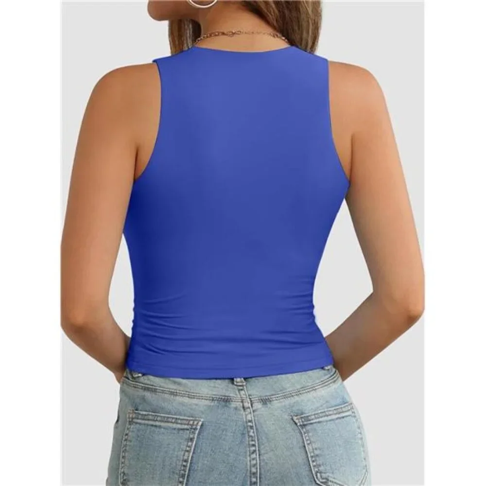 Women's Double Lined Crop Tank Tops Casual Basic Shirts Sleeveless Blue - Picture 3 of 6